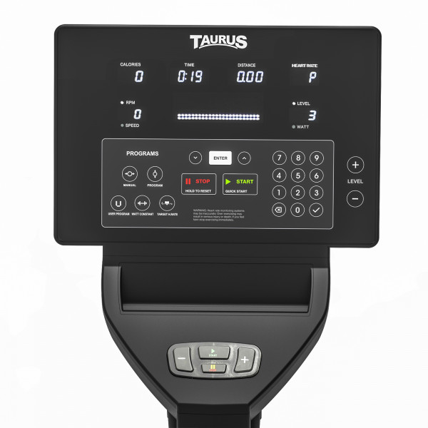 Front view of the console on the Taurus Elite Upright Bike