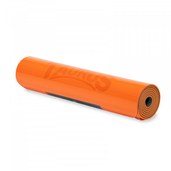 Side angle of rolled Taurus mat in orange