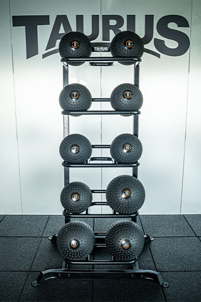 Taurus Pro Storage Rack loaded with slam balls in gym