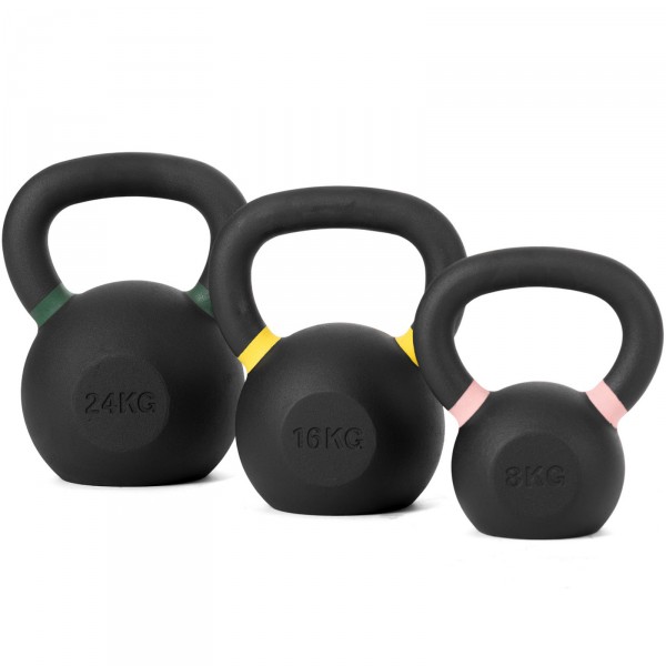 Frontal view of the Taurus Cast Kettlebell 24kg, Taurus Cast Kettlebell 16kg, and Taurus Cast Kettlebell 8kg