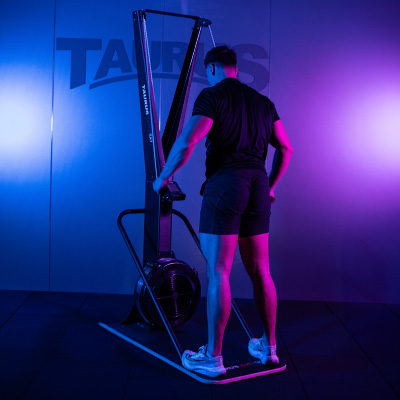 User getting ready to train on the Taurus Elite Ski Trainer