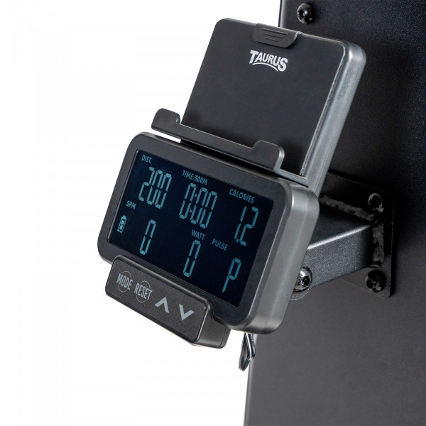 Closeup of the display console and device holder on the Taurus Elite Ski Trainer Pro