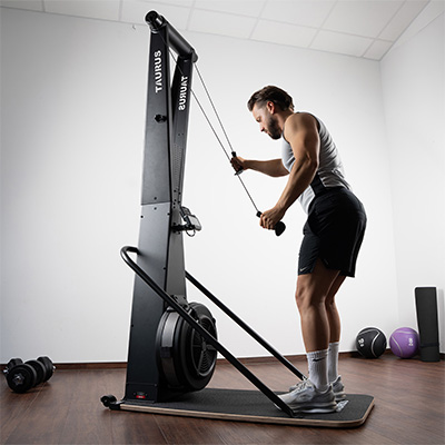 Model performing alternating pulls on the Taurus Elite Ski Trainer Pro 