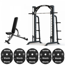 Taurus Elite Smith Machine bundle with 150 kg of weight plates with bench