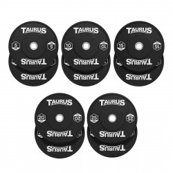 Top view of the 150kg Taurus Black Olympic Rubber Bumper Weight Plates Set
