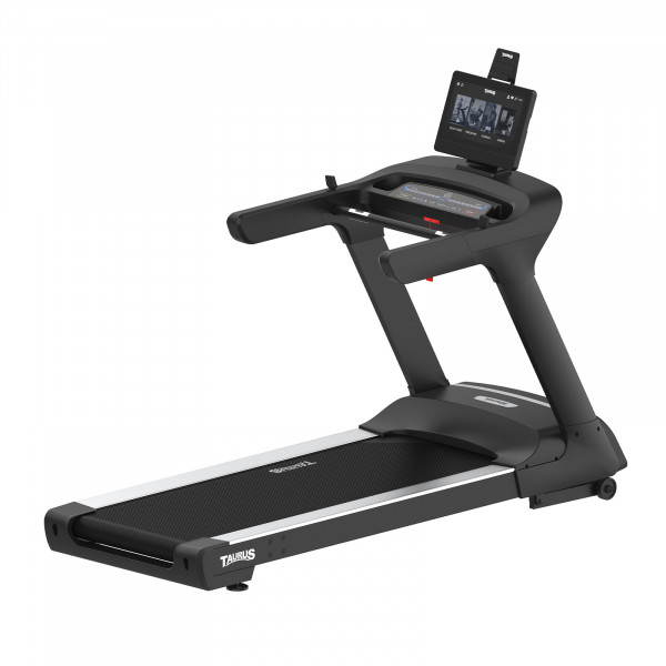 Angled front view of the Taurus T9.9 Treadmill with touchscreen console