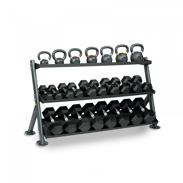 Hex Dumbbell Cast Kettlebell Set with 3 Tier Rack Taurus Fitness
