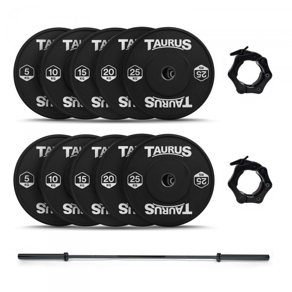 The 150kg Taurus Black Bumper Olympic Weight Set with black Bar.
