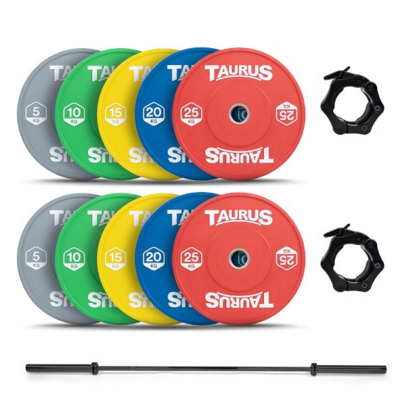 The 150kg Taurus Coloured Bumper Olympic Weight Set with Bar.