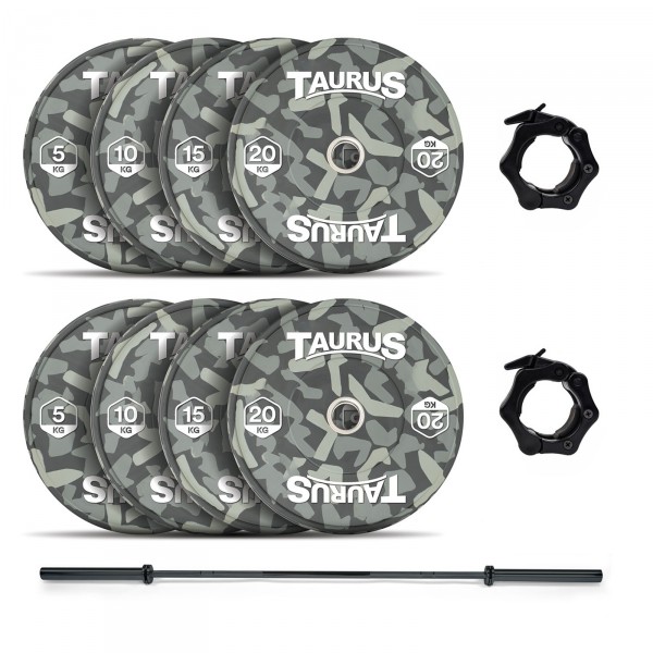 Image of the complete 100kg bundle, including weight plates, barbell and collars.