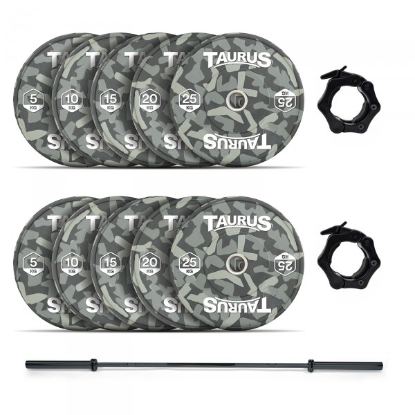 Image of the complete 150kg bundle including weight plates, barbell and collars