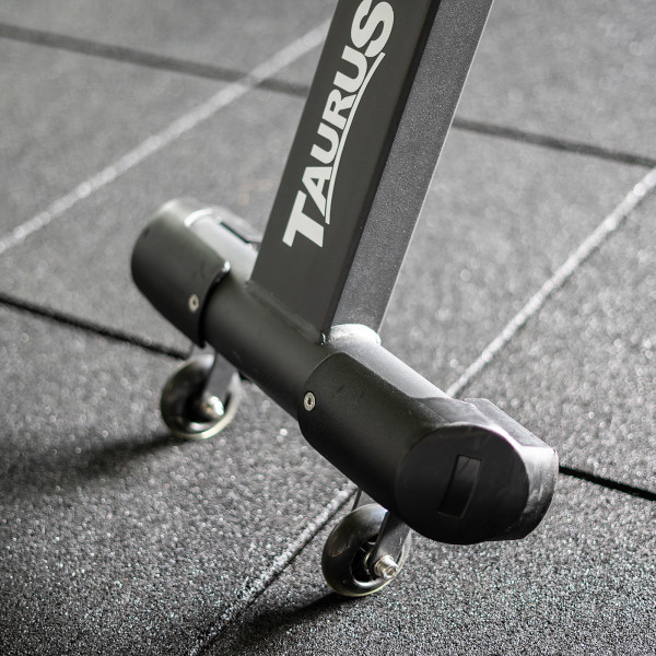 A close-up image of the Taurus Elite Adjustable Inc/Dec Bench transport wheels