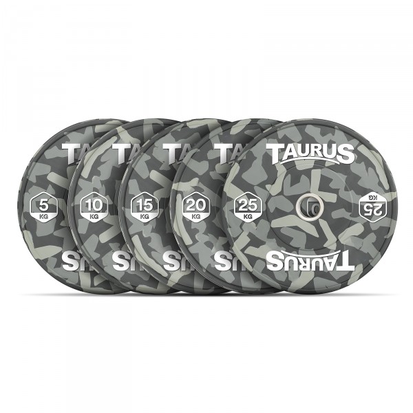 Taurus Camo 5kg to 25kg Bumper Plates Front Angle