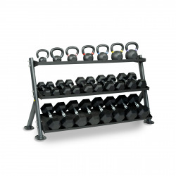 Image of the Taurus Elite 3-Tier Dumbbell Rack - Fully racked with dumbbells and kettlebells