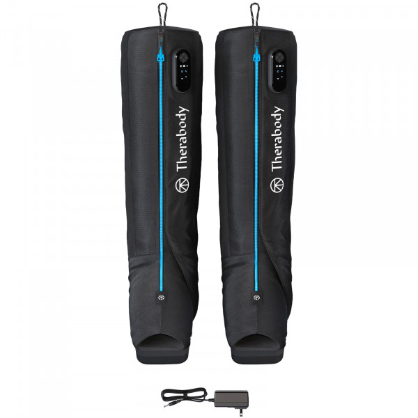 Front view of Therabody RecoveryAir JetBoots with accessories.