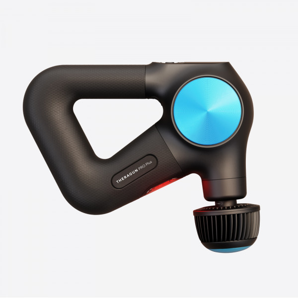 Product image of the Theragun Pro Plus Cold Attachment mounted on a Theragun Pro Plus