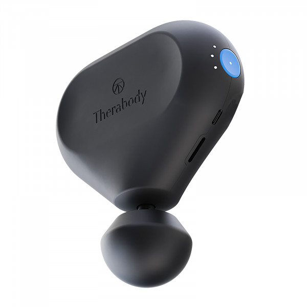 Product image of the Theragun Mini 2.0 with attachments and showcasing the Therabody App