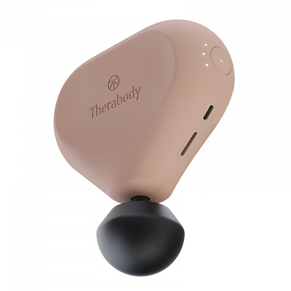 Product image of the Theragun Mini 2.0 in Desert Rose colouration with attachments and showcasing the Therabody App