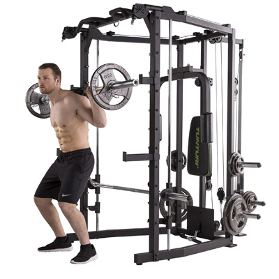 Image of a model using the SM80 as a squat rack