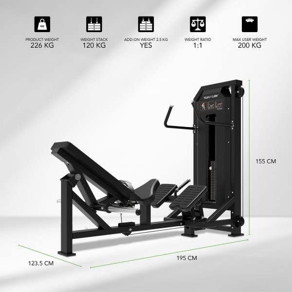 Descriptive image of the Tunturi Platinum Hip Thrust with dimensions