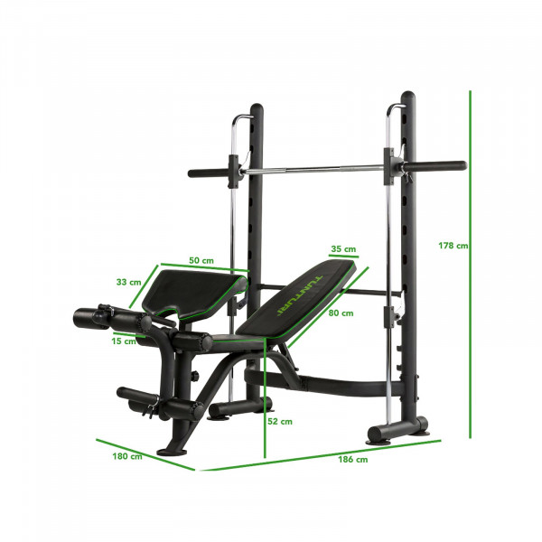 Front view of the Tunturi SM60 Half Smith Machine with dimensions marked
