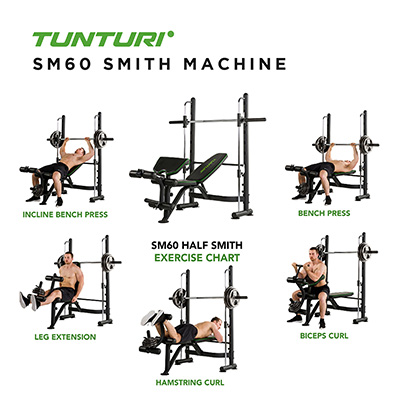 Exercise chart showing the Tunturi SM60 Half Smith Machine and example movements