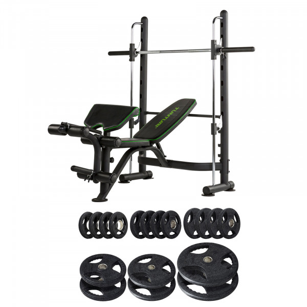 Tunturi SM60 Half Smith Machine with a 125 kg set of weight plates displayed