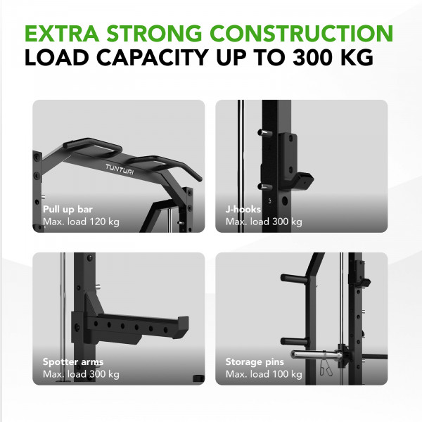 Product image of the Tunturi SM70 Smith Machine showing its maximum load capacity of 300 kg.