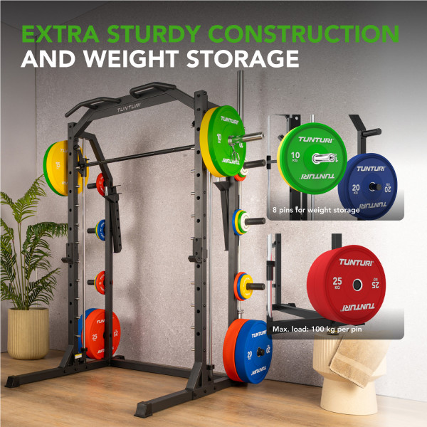 Product image of the Tunturi SM70 Smith Machine, with emphasis on its construction and weight storage.