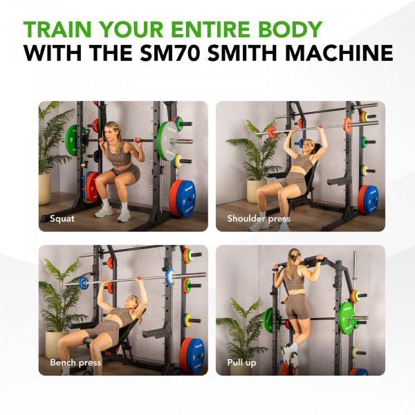 Product image of the Tunturi SM70 Smith Machine showcasing some exercises you can do with the machine.