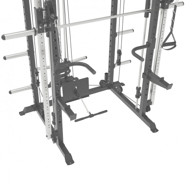 A white background product image of the Tunturi SM90 Smith Machine, with a close-up of the bottom of the machine.