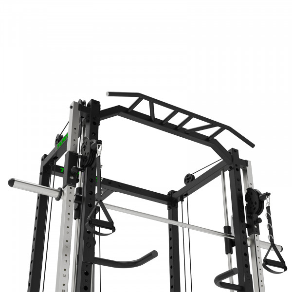 A white background product image of the Tunturi SM90 Smith Machine, with a close-up of the top of the machine.