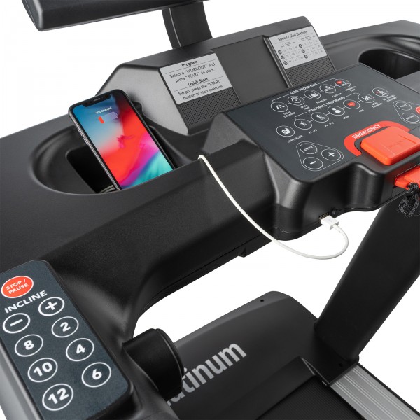 Stay connected and hydrated with the Tunturi Platinum Core Treadmill's extras.