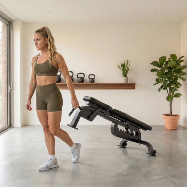 Tunturi UB90 Weight Bench - model - Using transport wheels.