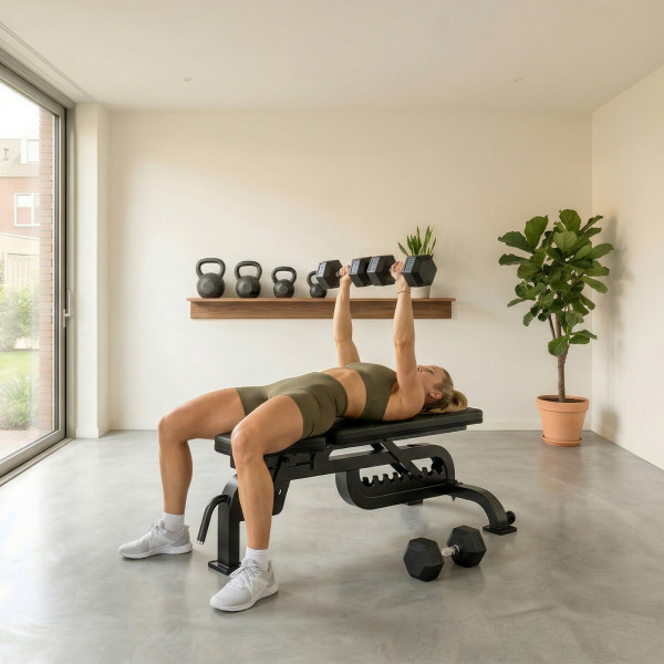 Tunturi UB90 Weight Bench - model - Flat bench performing a lying chest press.