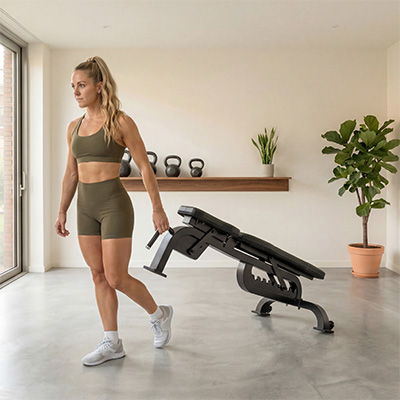 Image of the Tunturi UB90 Weight Bench with a model using the transport handle.