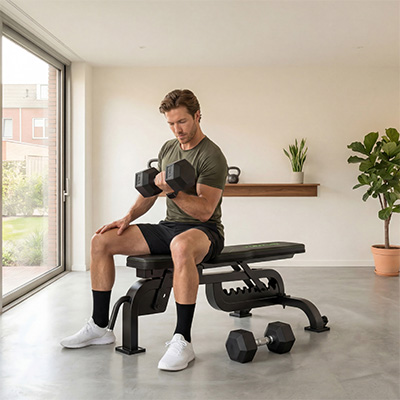Image of the Tunturi UB90 Weight Bench with a model performing bicep curls.