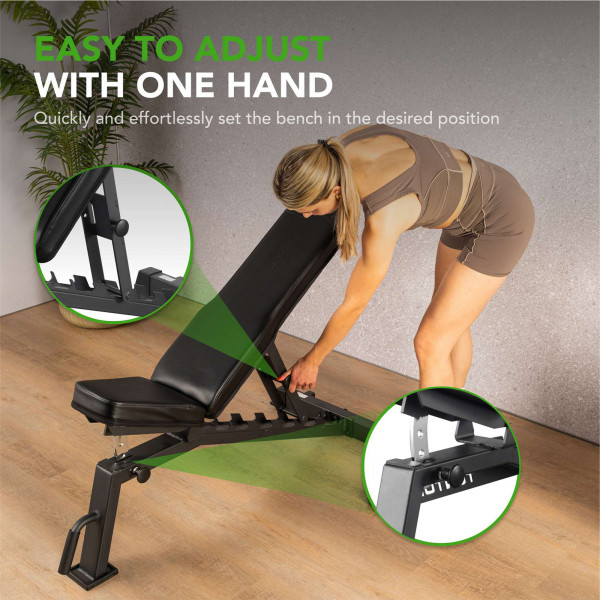 Infographic for the Tunturi UB70 Utility Bench showing the easy, one-handed adjustment.