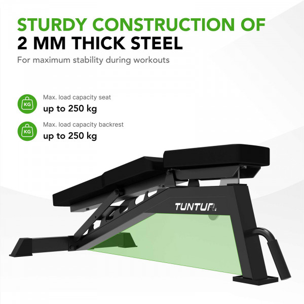 Infographic for the Tunturi UB70 Utility Bench showing the maximum weight as 250 kg