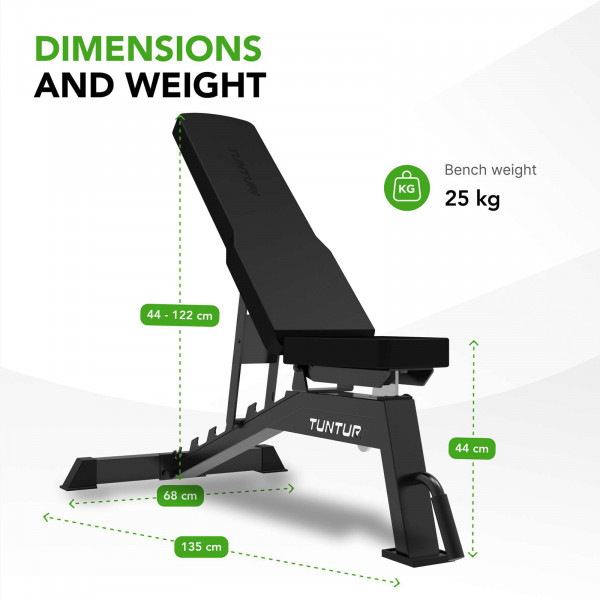 Infographic for the Tunturi UB70 Utility Bench showing the product dimensions