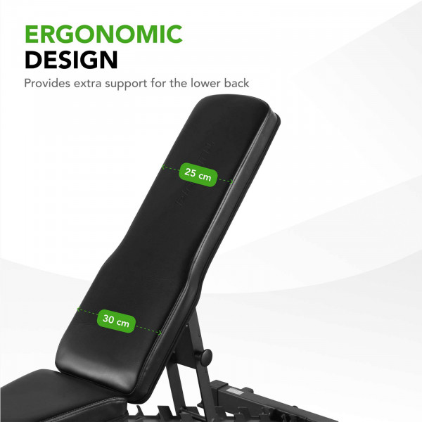 Infographic for the Tunturi UB70 Utility Bench showing the tapered backrest designed to give more lower back support during training.
