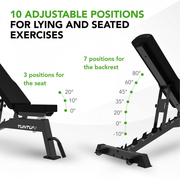 Infographic for the Tunturi UB70 Utility Bench showing the backrest and seat adjustment levels.