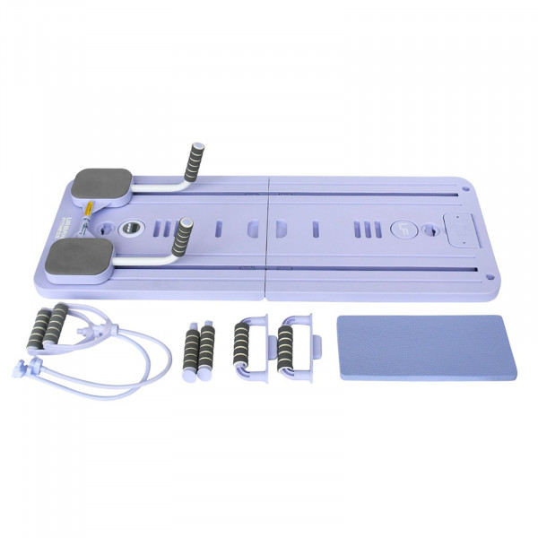 Flat lay of the Urban Fitness Multifunctional Pilates Reformer Board with included accessories