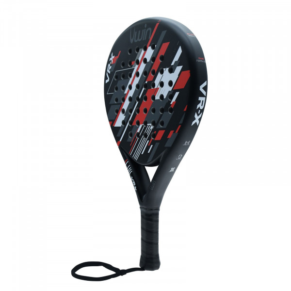 Angled view of the Uwin VR-X Padel Racket in the Red / White / Grey colour combination