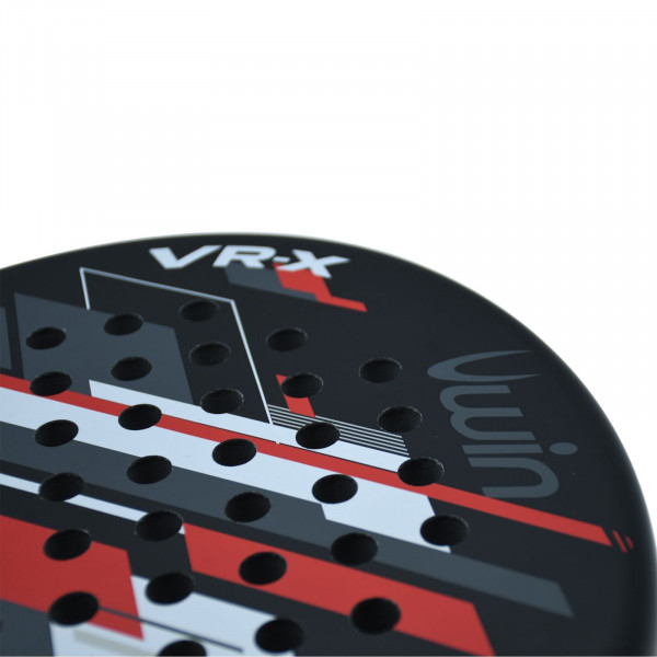 Close-up of the top edge of the Uwin VR-X Padel Racket in the Red / White / Grey colour combination