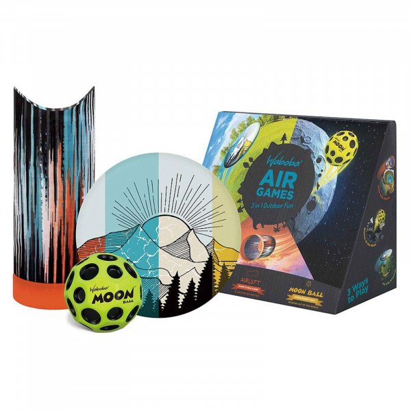 Waboba Air Games set including Airlyft, Wingman flying disc, and Moon Ball with packaging