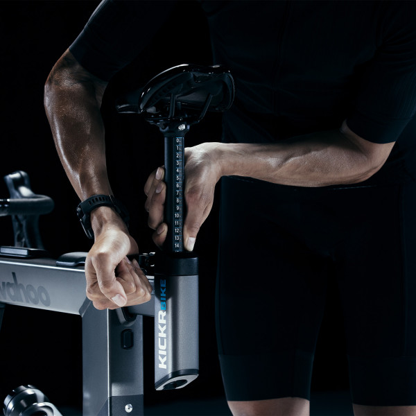 Close-up of the seatpost adjustment on the Wahoo KICKR Smart Bike V2.