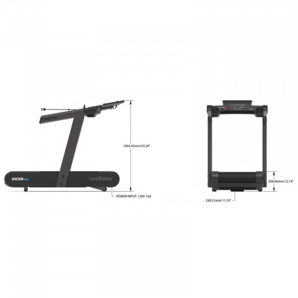 Side and front technical drawings of the Wahoo KICKR RUN Smart Treadmill