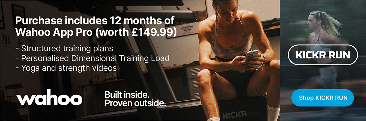 Promotional banner for the Wahoo KICKR RUN Smart Treadmill showing a model training indoors and running outdoors, with 12 months of Wahoo App Pro included