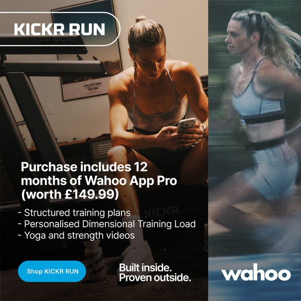 Promotional carousel image for the Wahoo KICKR RUN Smart Treadmill showing a model training indoors and running outdoors, with 12 months of Wahoo App Pro included